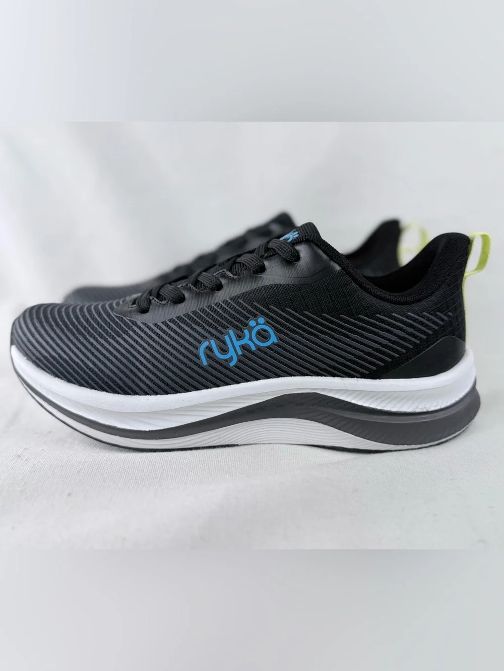 Ryka Genuine Walking Black Athletic Shoes with Blue Logo and Yellow Pull Tab